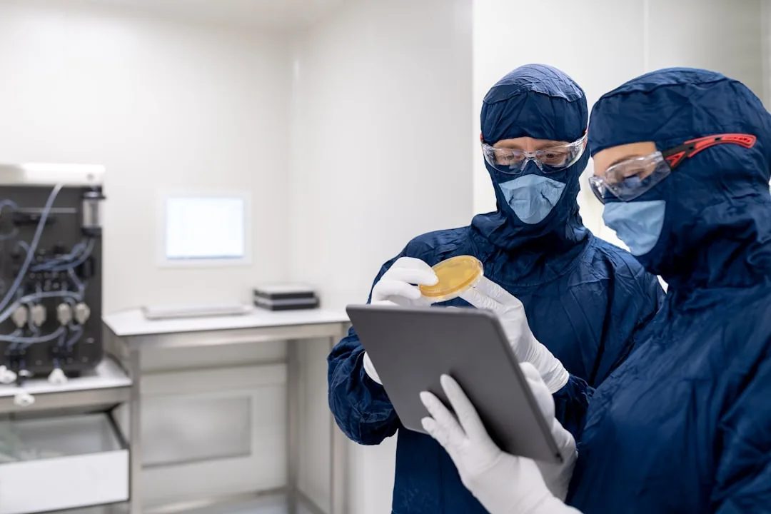 Quality team reviewing audit data on tablet in pharmaceutical facility