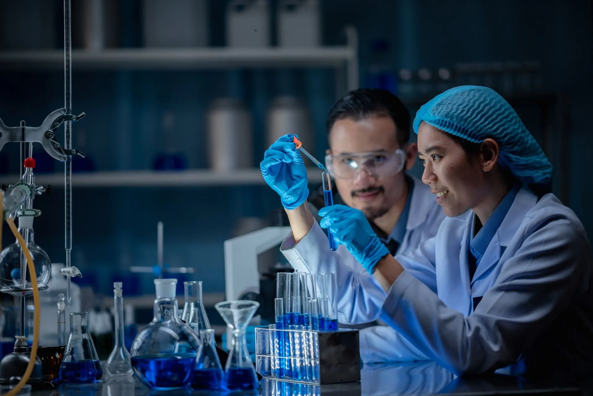 Custom chemical synthesis laboratory with reaction vessels and analytical equipment at ChemContract Research